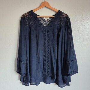 Style & Co Embroidered Lace 3/4 Sleeve V-Neck Top Navy Blue Size XL Lined Flowy